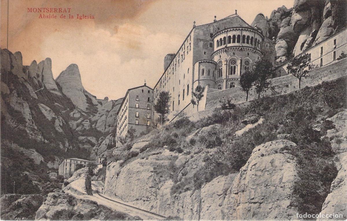 Postales: Postal de Montserrat: Vista del &Aacute;bside de la Iglesia y Monta&ntilde;a