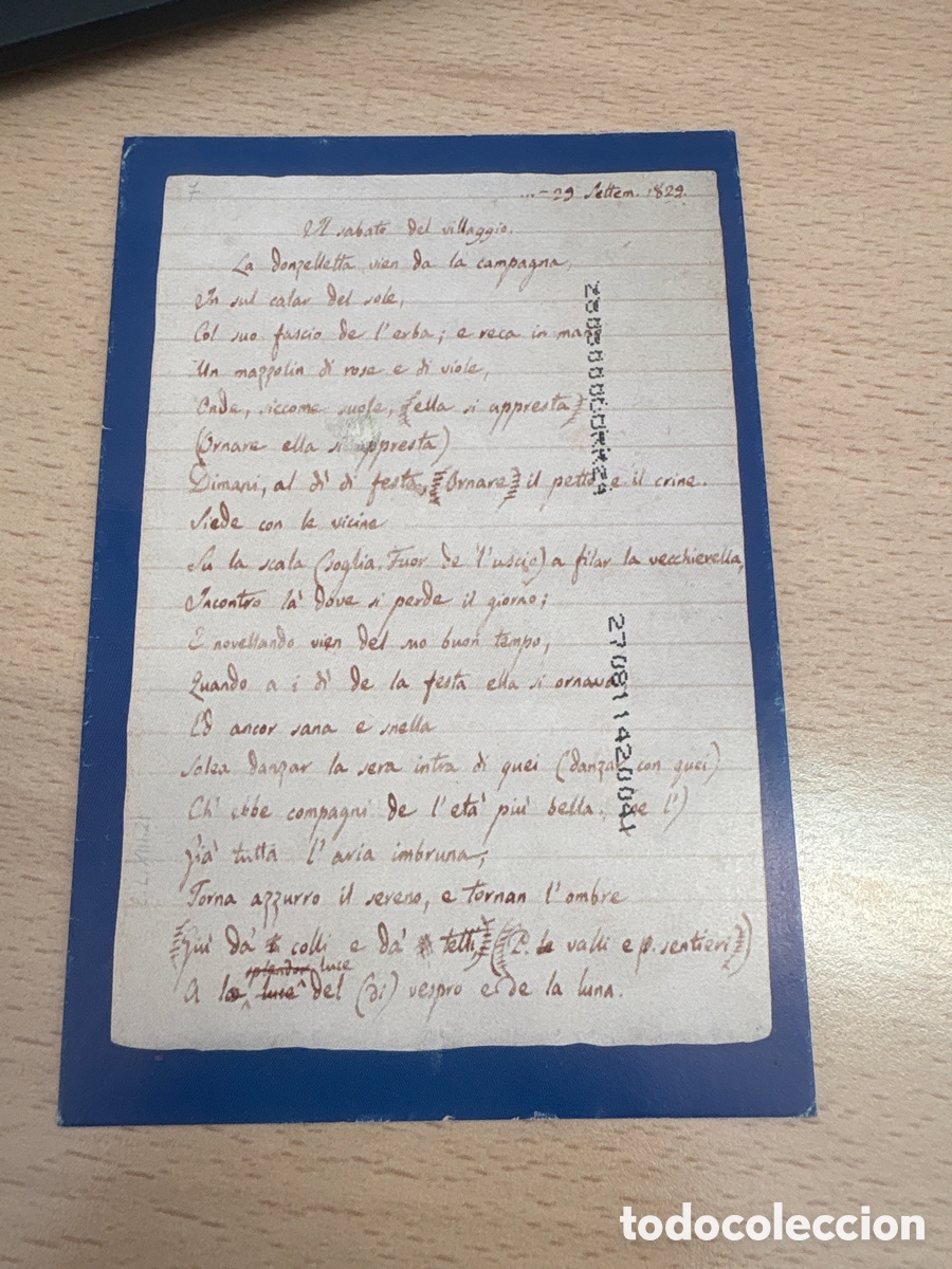 Postales: Postal Giacomo Leopardi. Manuscrito aut&oacute;grafo. N&aacute;poles. Circulada con sello. Italia. 1999. ASM