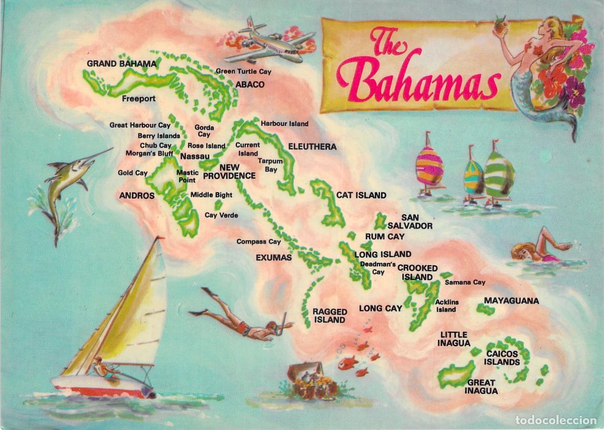 Postales: Postal Mapa de las Bahamas con Ilustraciones Tur&iacute;sticas