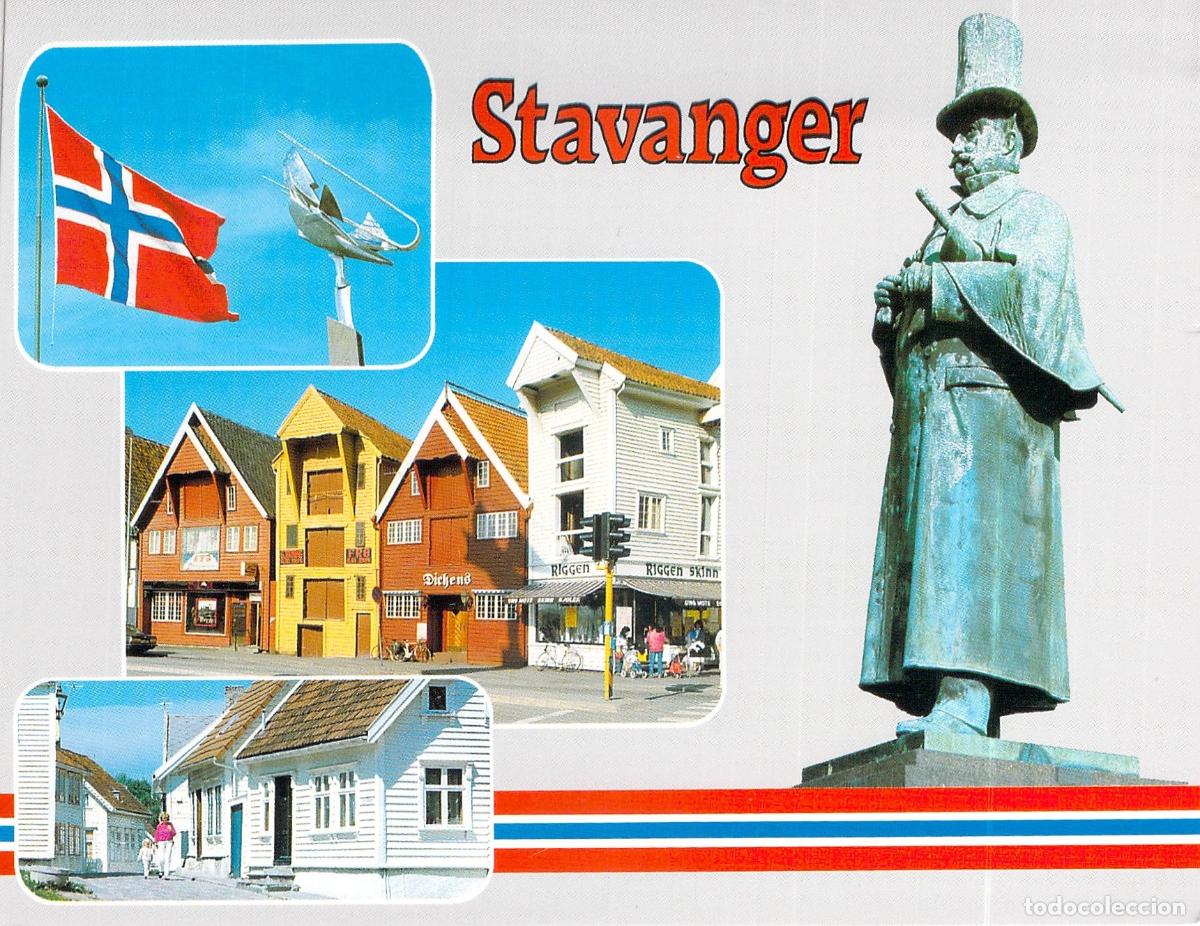 Postales: Postal de Stavanger Noruega con Estatua de Kielland y Casas de Madera