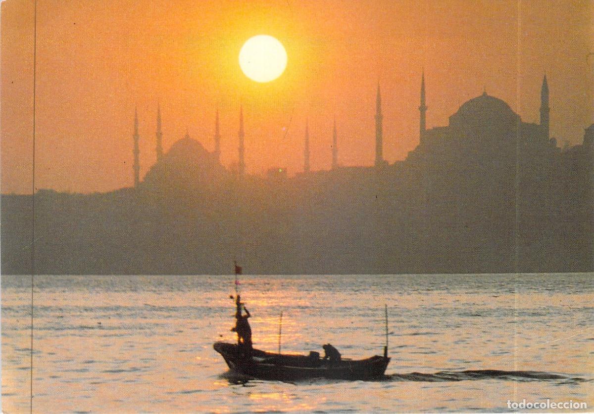 Postales: Postal de Estambul con Vista de Santa Sof&iacute;a y Mezquita Azul al Atardecer