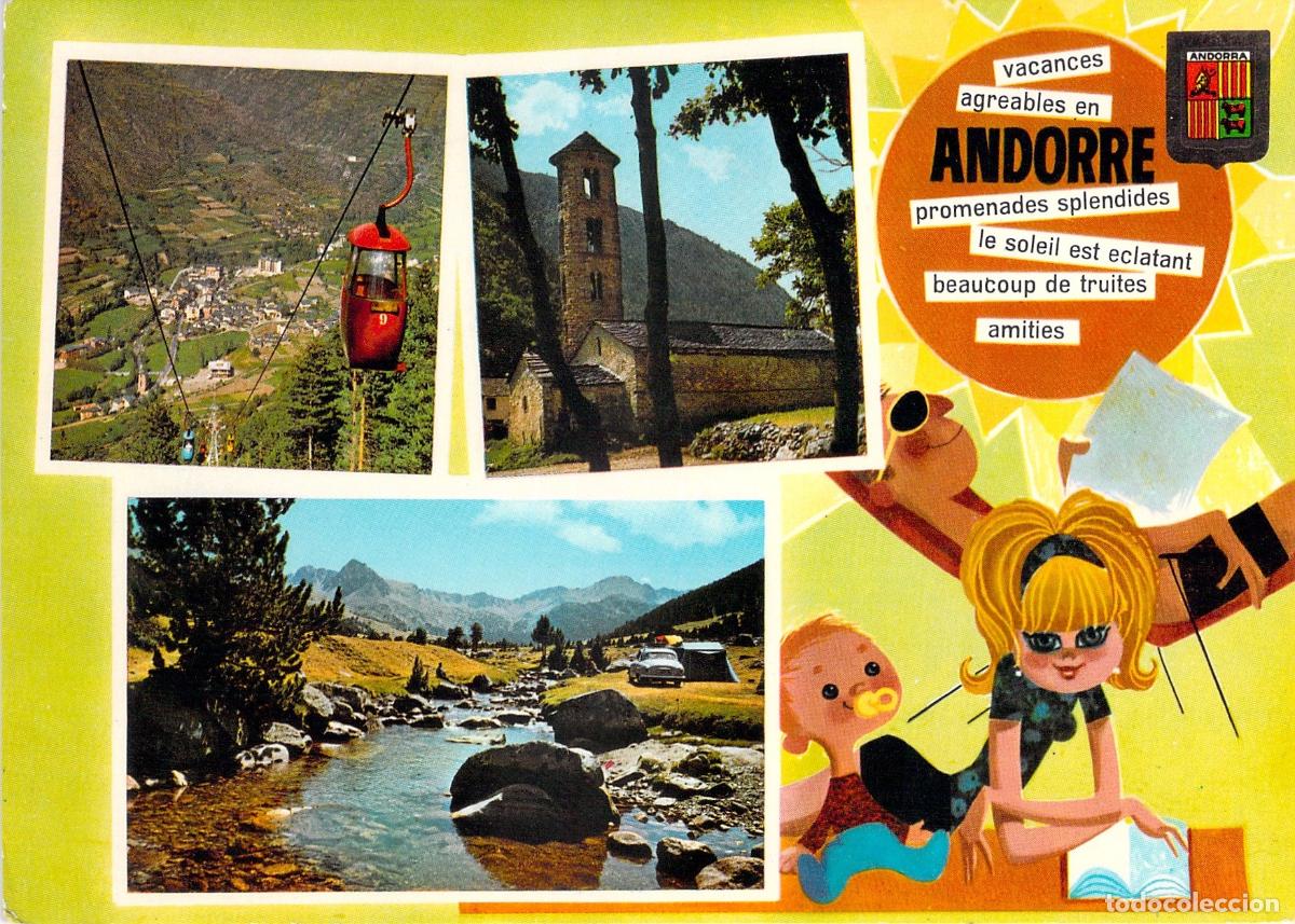 Postales: Postal de Andorra con Ilustraci&oacute;n Retro y Vistas de Paisajes