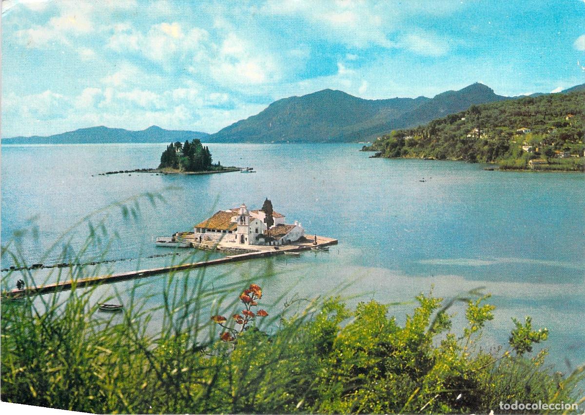 Postales: Postal de Corf&uacute; con el Monasterio de Vlacherna en Pontikonisi, Grecia