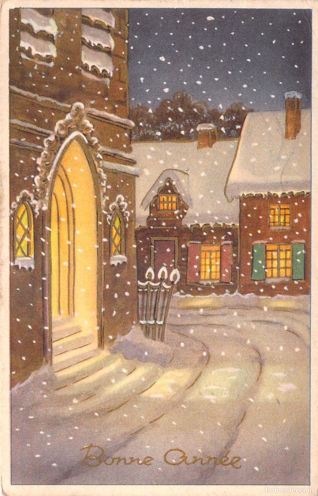 Postales: Postal de Feliz A&ntilde;o Nuevo Ilustraci&oacute;n de Iglesia y Casa Nevadas