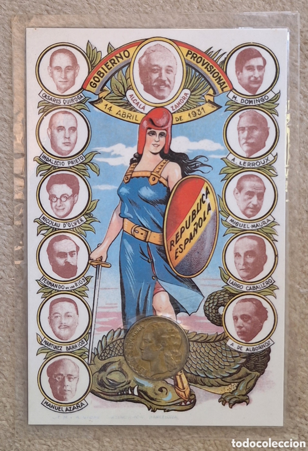 Postales: Tarjeta Postal Gobierno Provisional Rep&uacute;blica Espa&ntilde;ola con Moneda de 1 peseta - envasada al vacio