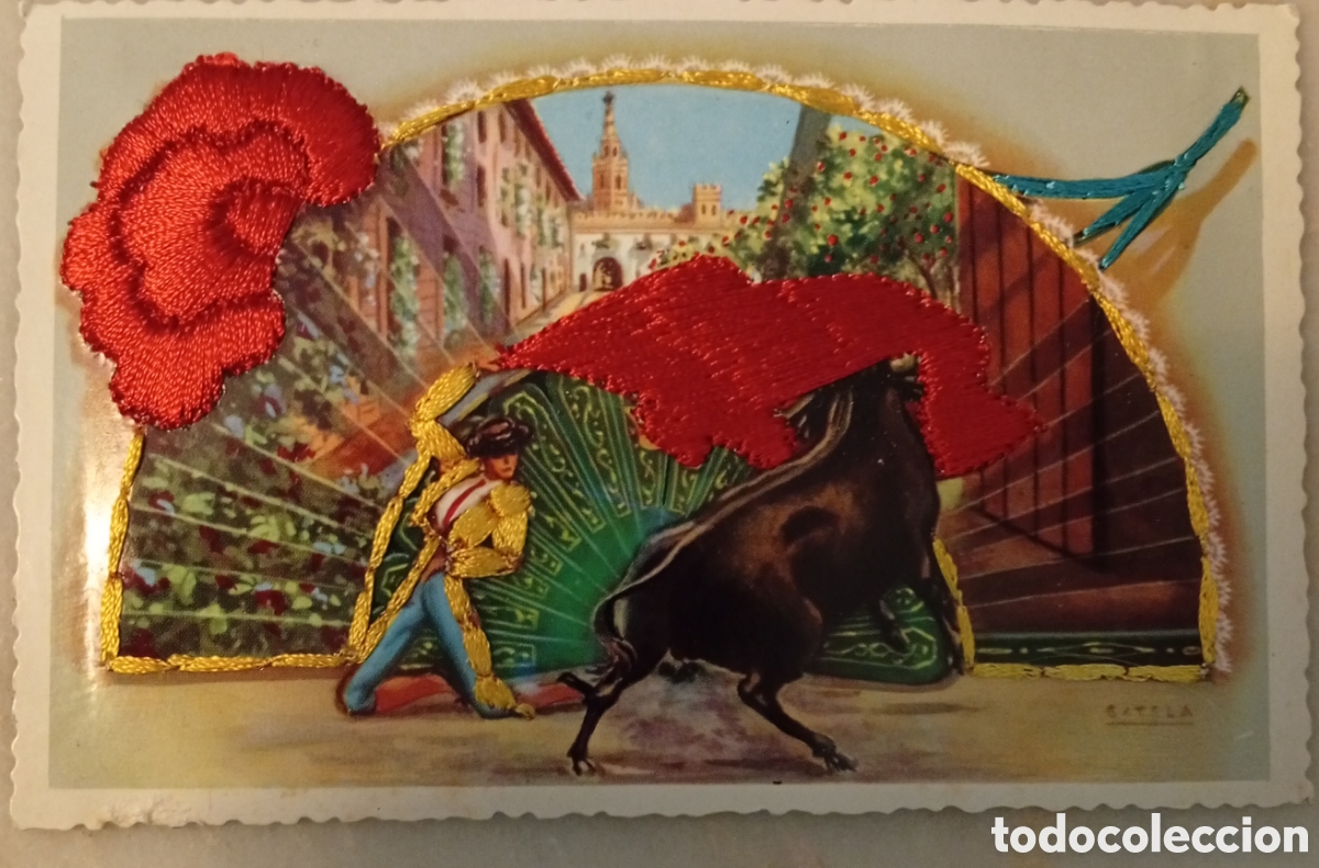Postkarten: Antigua tarjeta postal con bordado de toros toreo ( Librer&iacute;a estaci&oacute;n mar&iacute;tima, Barcelona)