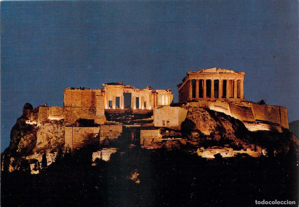 Cartes Postales: Postal de la Acr&oacute;polis de Atenas Iluminada por la Noche