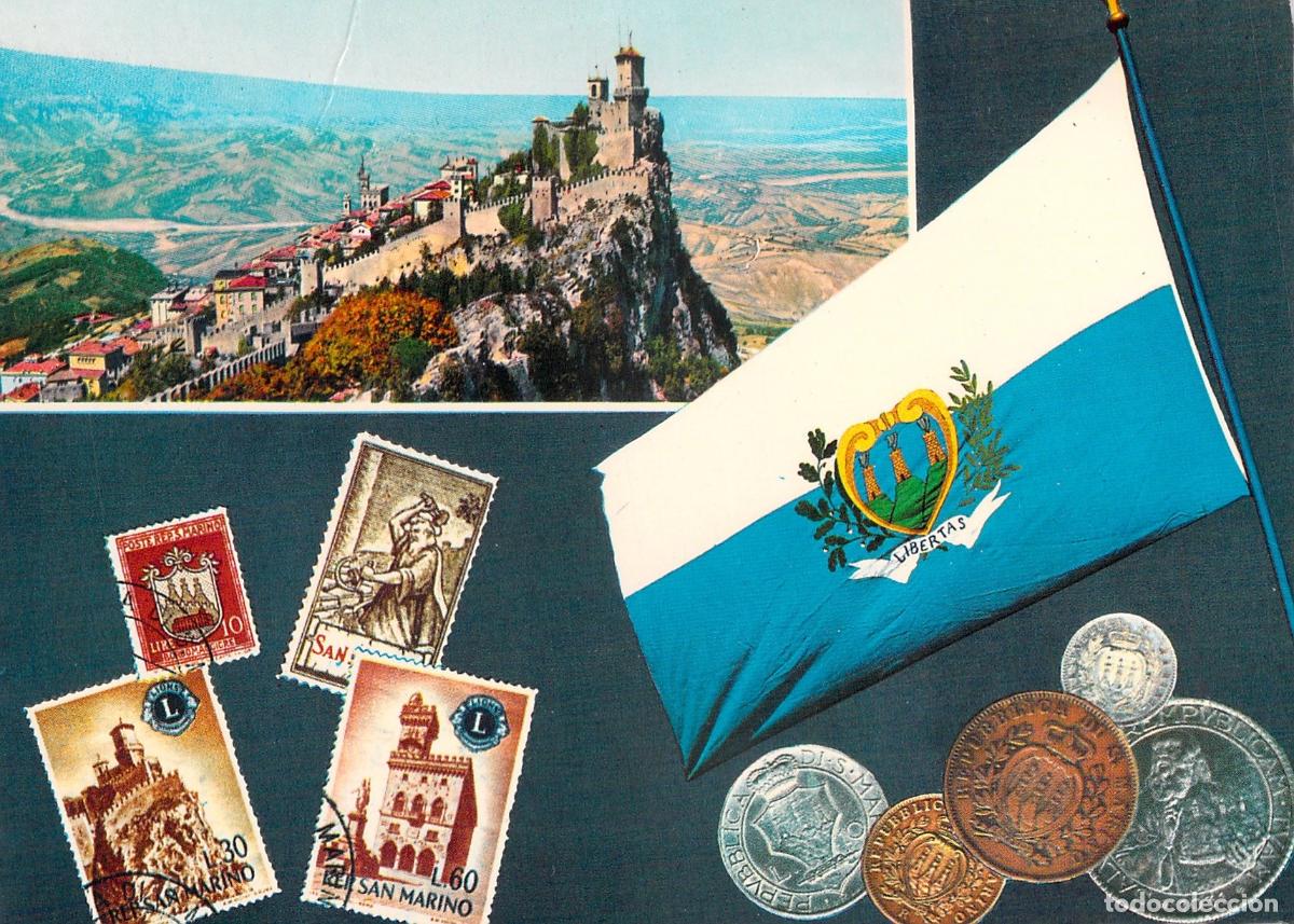 Postales: Postal de San Marino, Vista Panor&aacute;mica, Bandera y Monedas