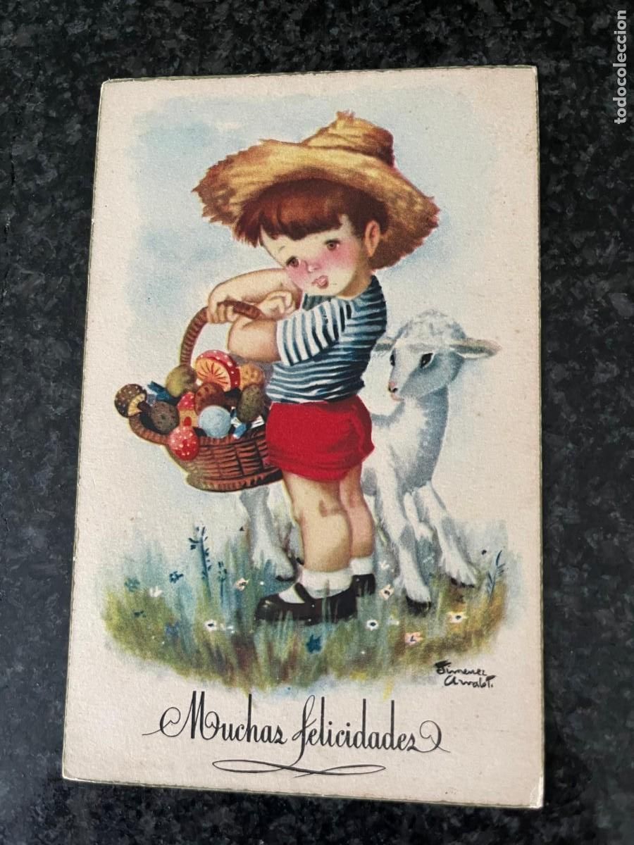 Postales: postal felicidades con ni&ntilde;o y borreguito a&ntilde;os 50