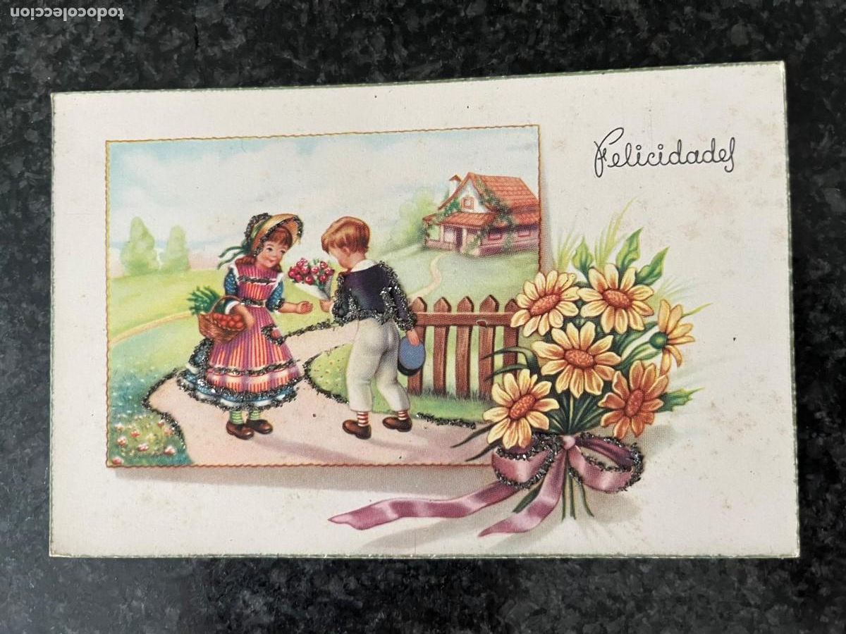 Postales: postal felicidades con relieve en purpurina escrita