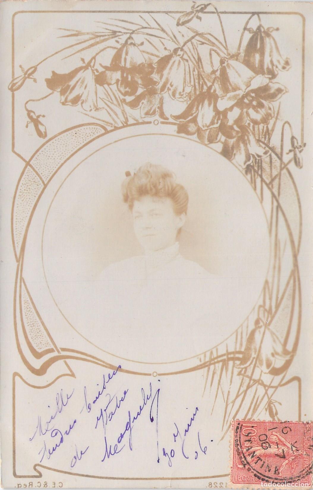 Postales: Postal con Retrato de Mujer en Marco Art Nouveau y Sello de Constantine