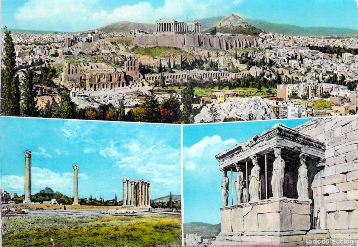Postales: Postal Multivista de Atenas Grecia Acr&oacute;polis y Cari&aacute;tides
