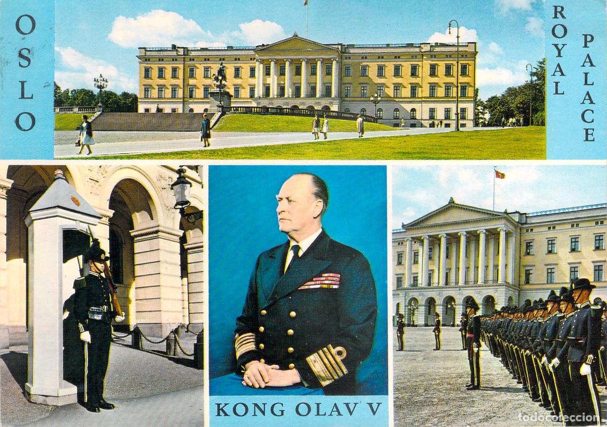 Postales: Postal de Oslo Palacio Real y Retrato del Rey Olav V de Noruega