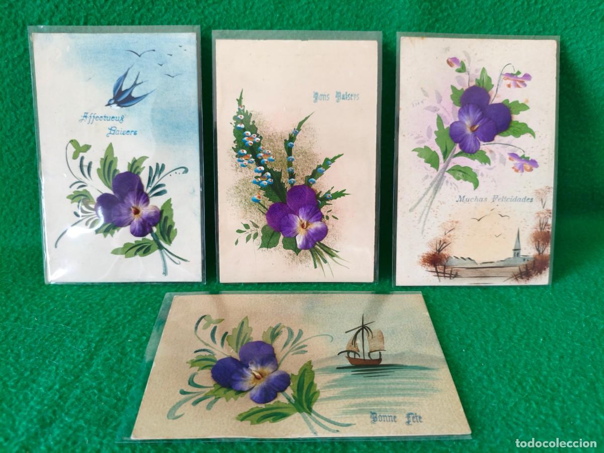 Postales: cuatro ANTIGUAS POSTALES CON HOJAS DISECADAS.