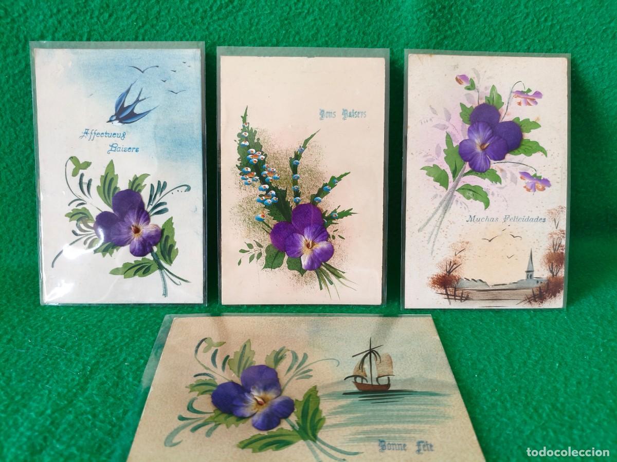 Postales: CUATRO ANTIGUAS POSTALES CON HOJAS DISECADAS. - Foto 4