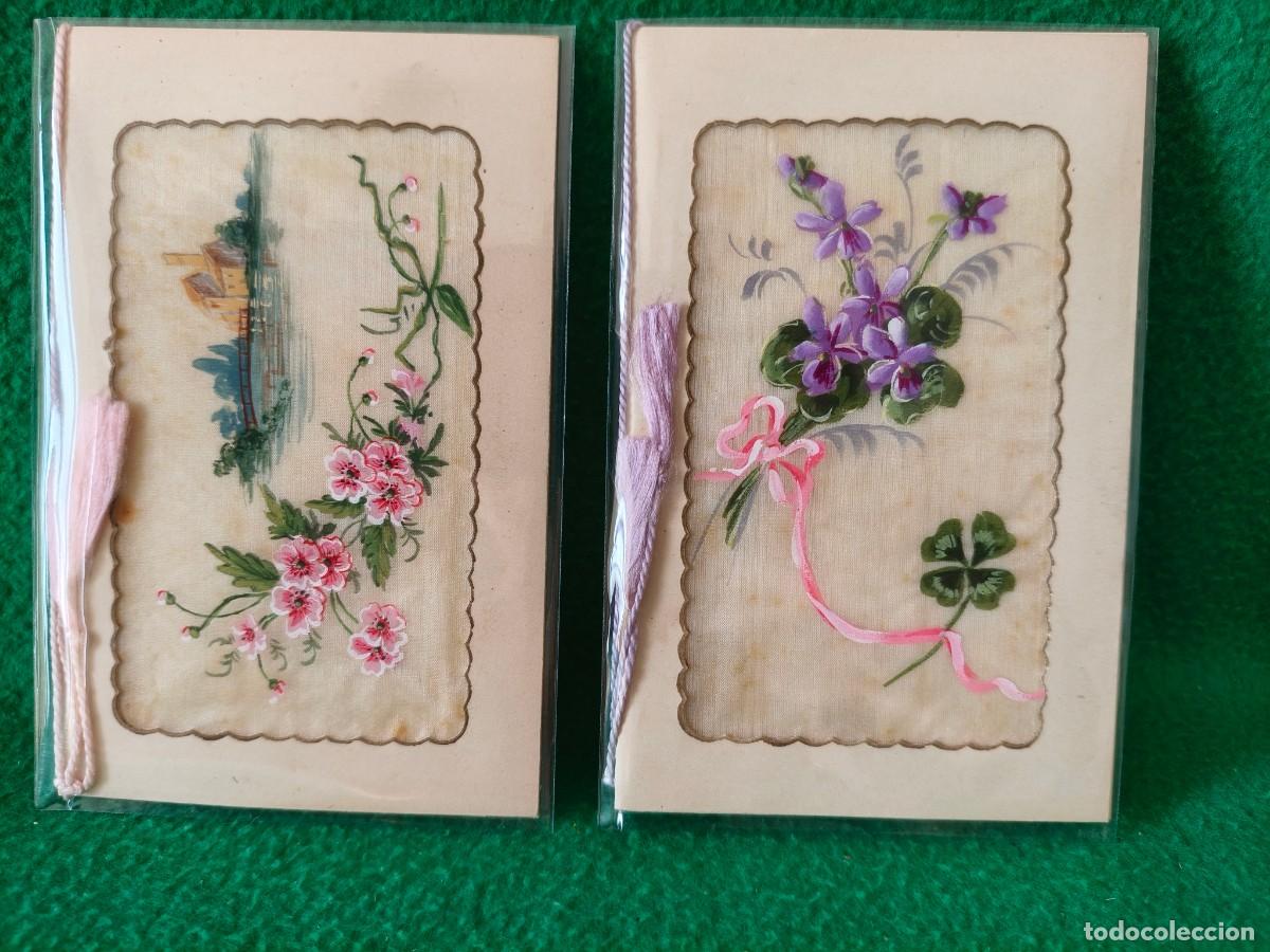 Postales: DOS ANTIGUAS POSTALES PINTADAS A MANO SOBRE SEDA. EN ESTUCHE CARTULINA