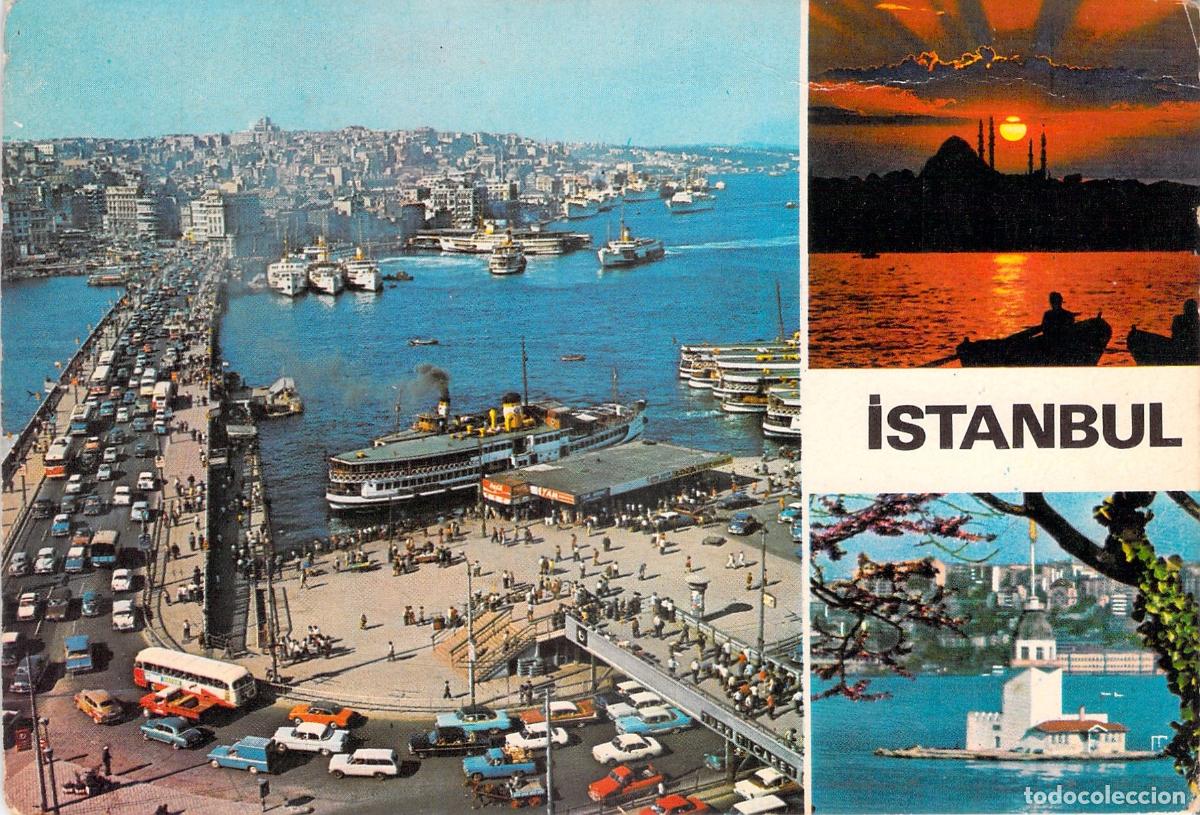 Cartes Postales: Postal con vistas de Estambul: Puente de G&aacute;lata, Torre de la Doncella