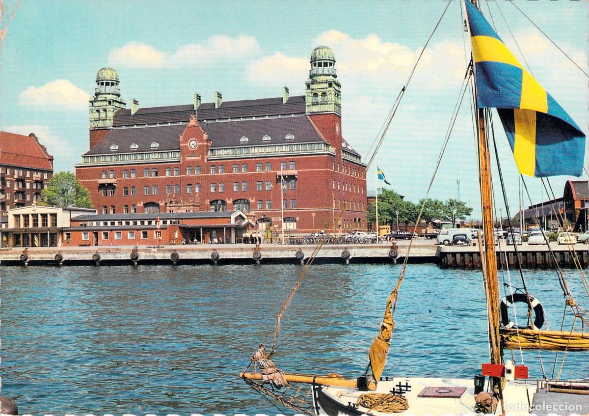 Postales: Postal de Malm&ouml; Oficina de Correos y Puerto con Barco
