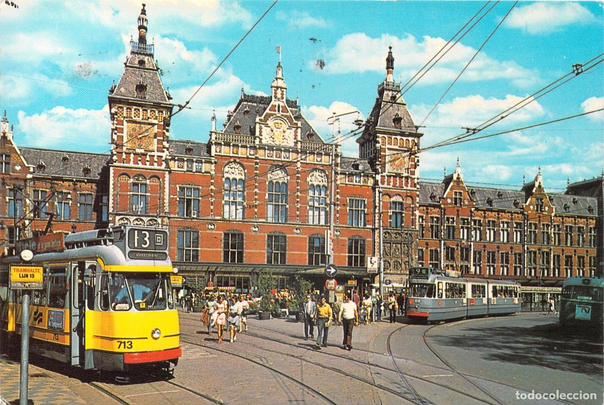 Cartes Postales: Postal de la Estaci&oacute;n Central de &Aacute;msterdam con Tranv&iacute;as