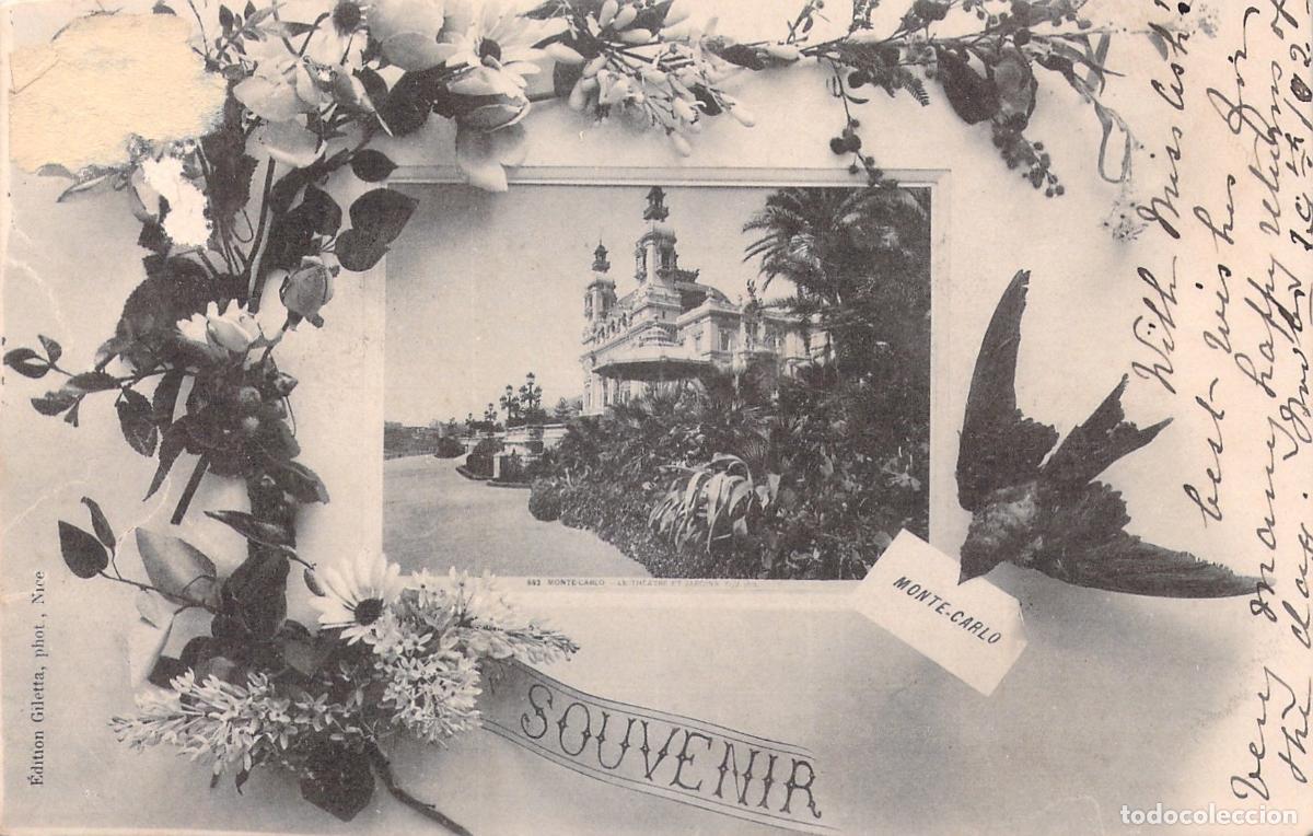 Cartes Postales: Postal Souvenir de Monte Carlo con Teatro y Jardines
