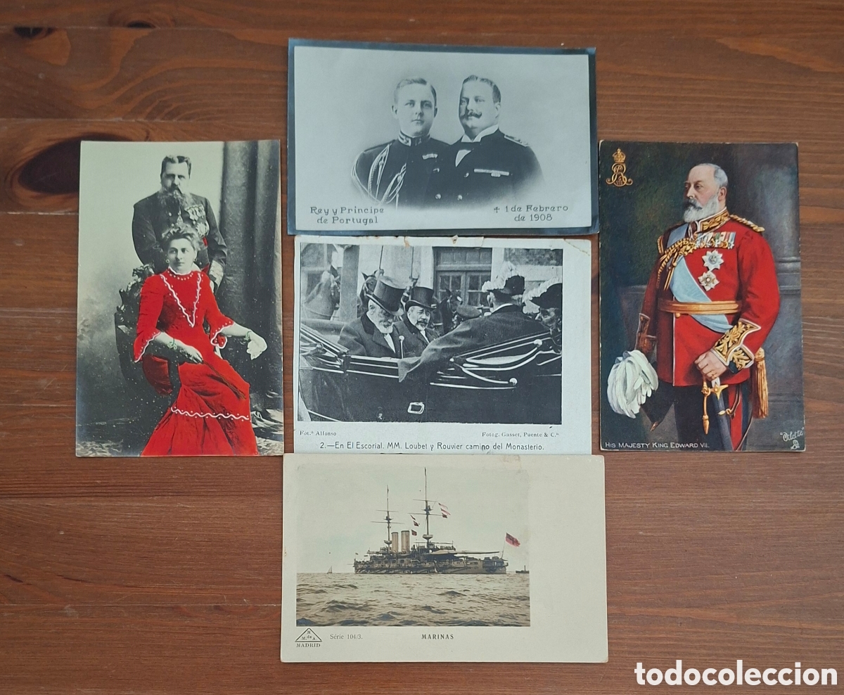 Postales: Lote de 5 postales hist&oacute;ricas Monarqu&iacute;a, diplomacia y marina (c.1900&ndash;1910)