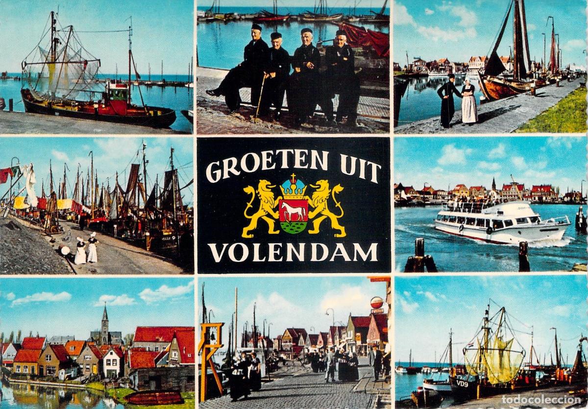 Postais: Postal Tur&iacute;stica de Volendam, Holanda - Vistas del Puerto y Trajes T&iacute;picos