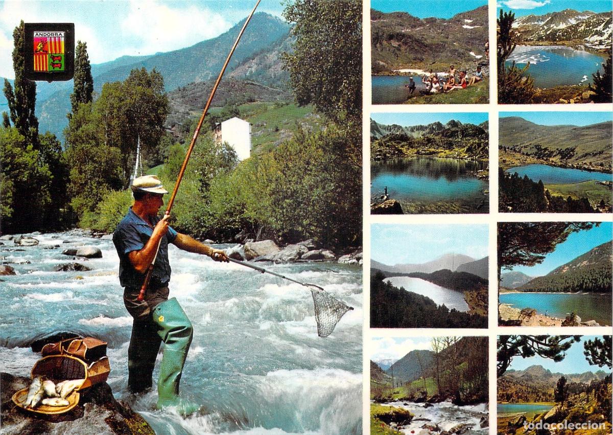 Postales: Postal R&iacute;os y Lagos de los Valles de Andorra con Pescador