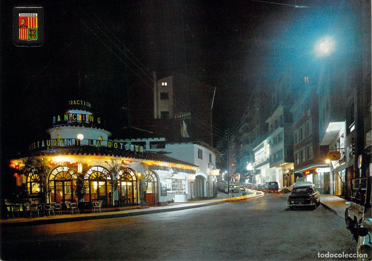 Postales: Postal de Andorra la Vella, Avenida Meritxell y Restaurante La Rotonde de Noche