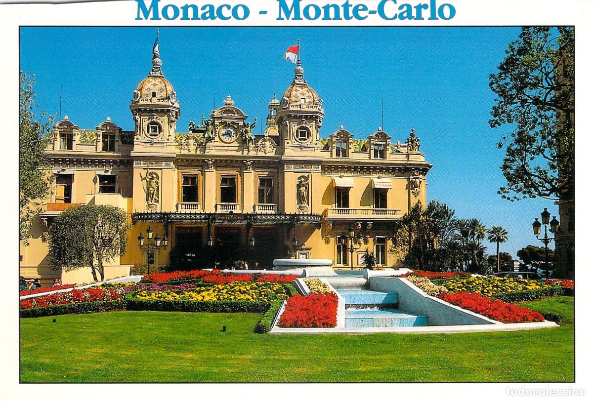 Postales: Postal del Casino de Montecarlo en M&oacute;naco con Jardines y Fuente