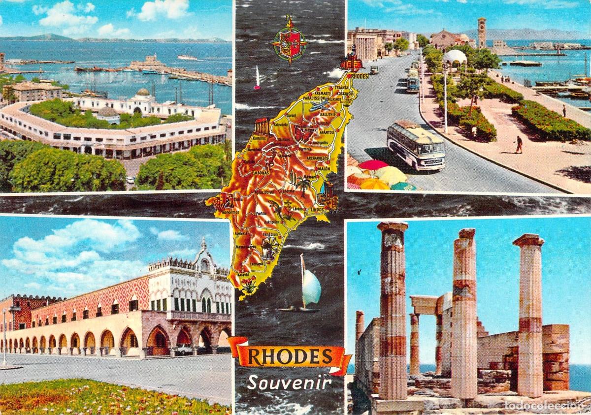 Postales: Postal Tur&iacute;stica Multivista de Rodas Grecia con Mapa y Ruinas de Lindos