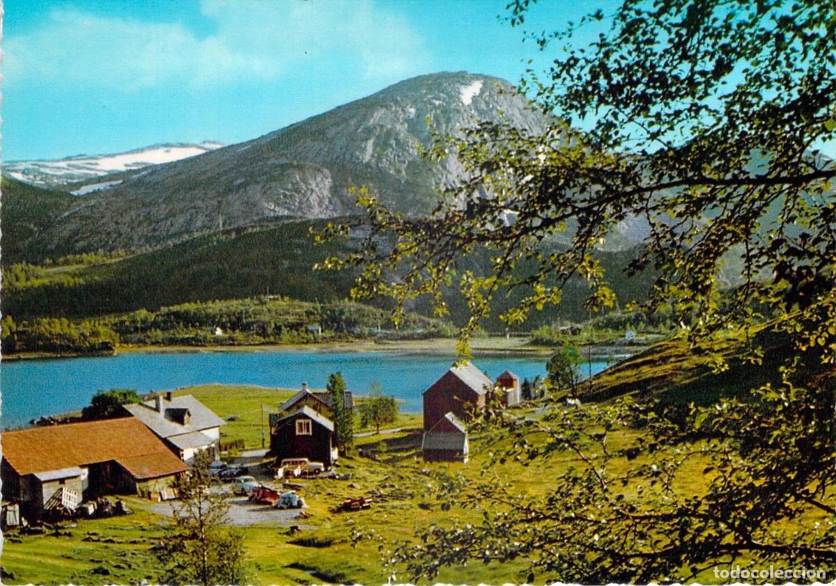 Cartoline: Postal de Paisaje con Fiordo Noruego y Caba&ntilde;as de Monta&ntilde;a