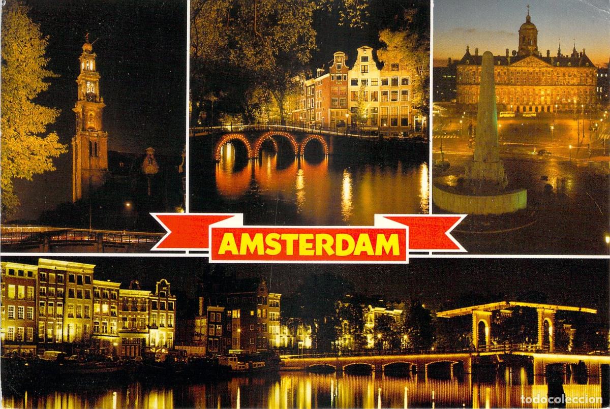 Cartes Postales: Postal de &Aacute;msterdam con Vistas Nocturnas de Canales y Monumentos