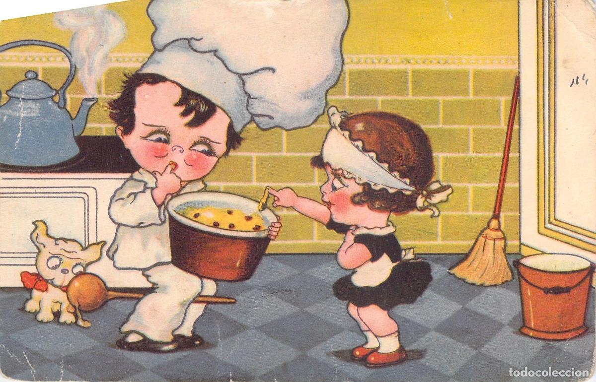 Postales: Postal Ilustrada Infantil de Ni&ntilde;os Cocineros y Criada Amag
