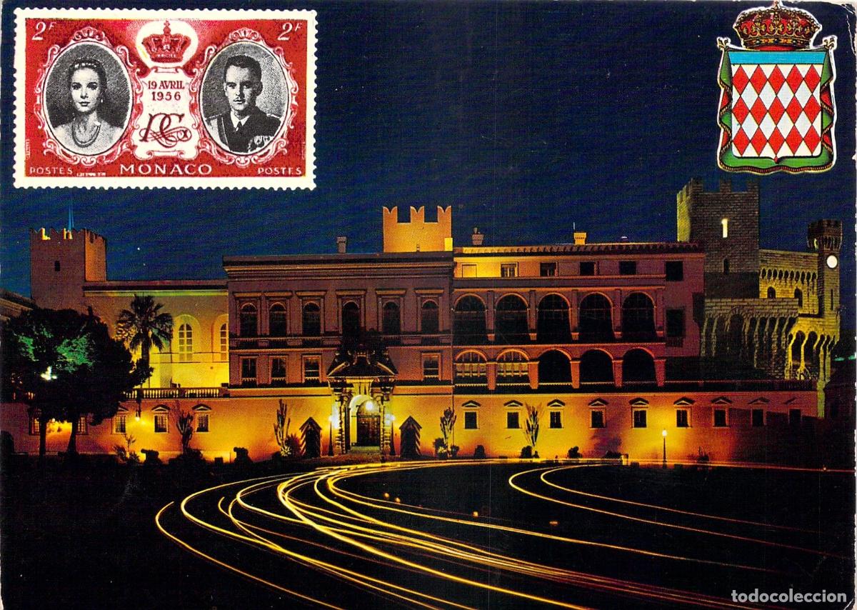 Postales: Postal de M&oacute;naco, Palacio del Pr&iacute;ncipe de Noche con Sello de Grace Kelly
