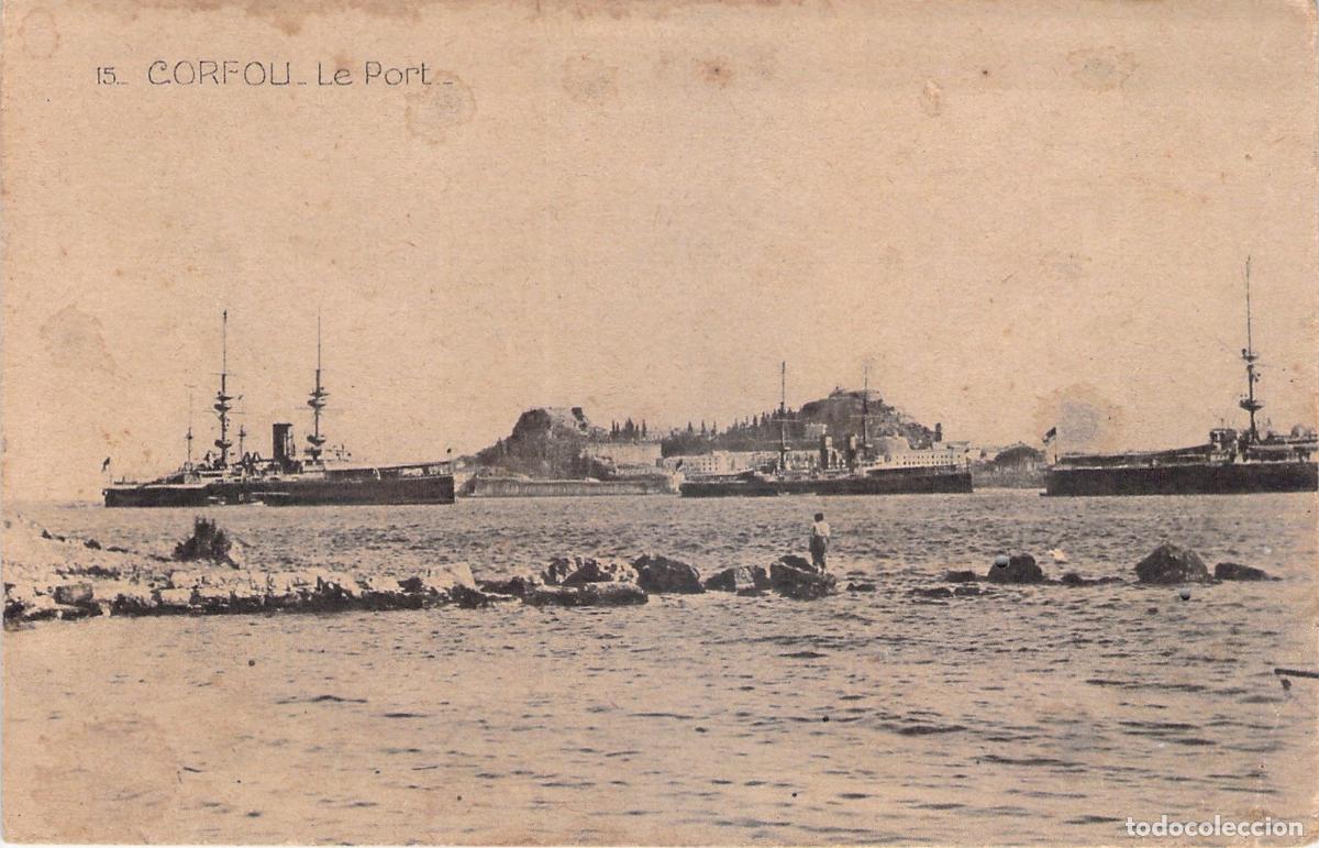 Postales: Postal de Corf&uacute; - Vista del Puerto con Buques de Guerra