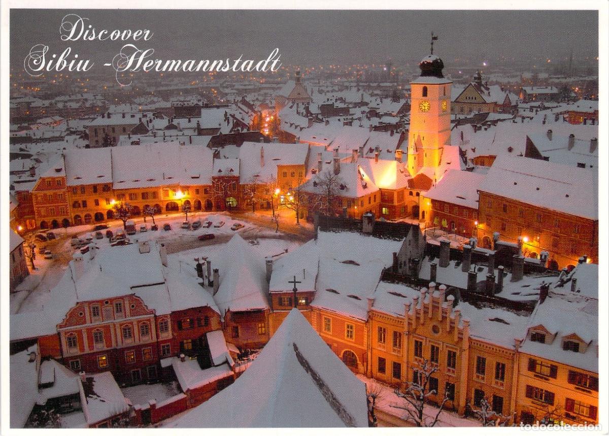 Postales: Postal de Sibiu Ruman&iacute;a Turnul Sfatului y Piața Mică en Invierno