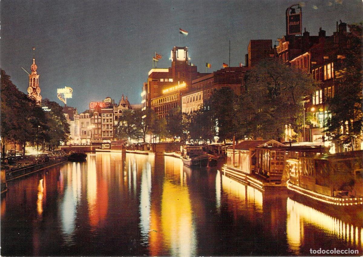 Postales: Postal de &Aacute;msterdam: Canal Singel y Mercado de Flores de Noche