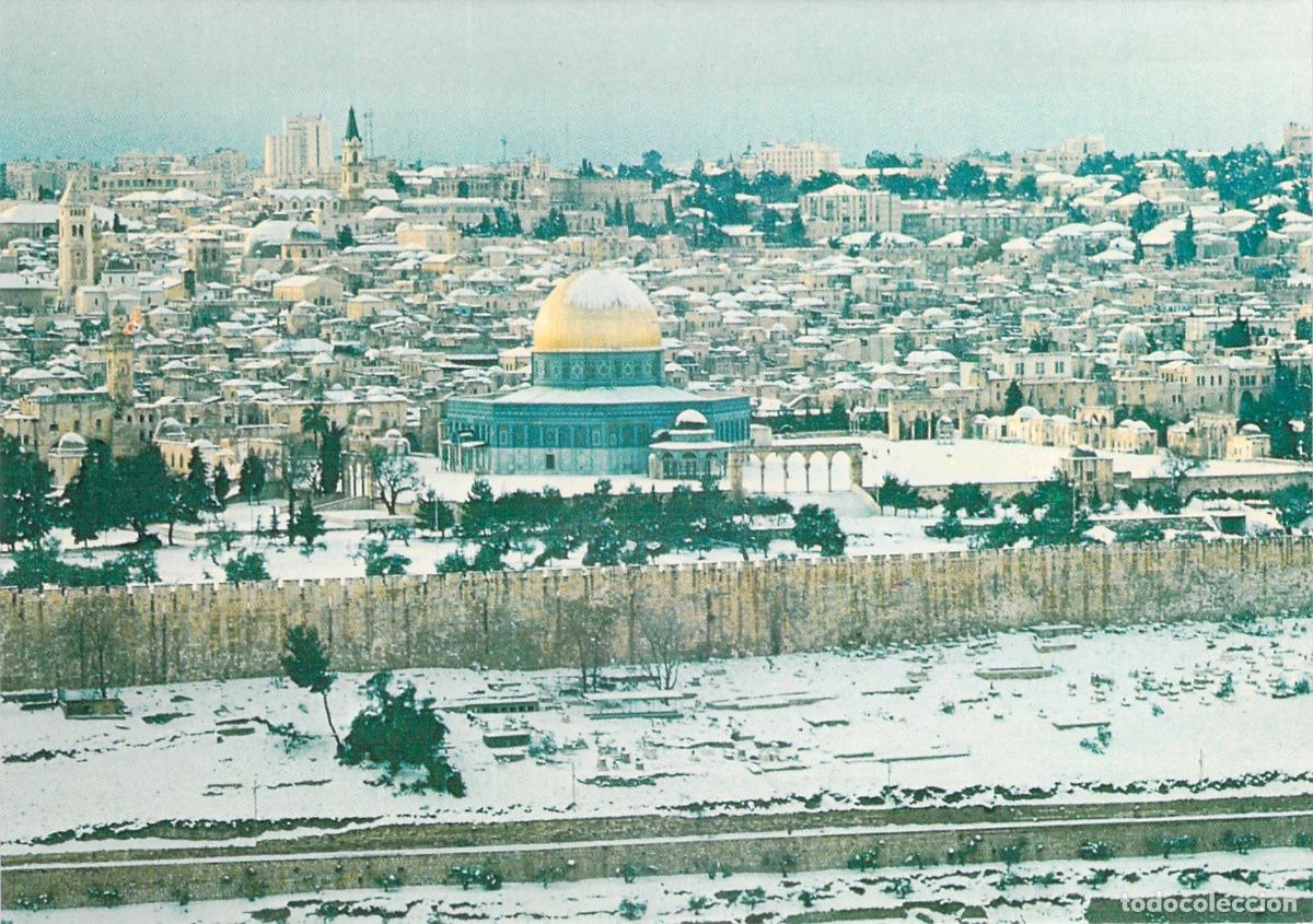 Postales: Postal de Jerusal&eacute;n bajo la nieve con la C&uacute;pula de la Roca