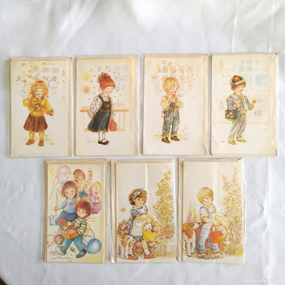 Postales: Lote 7 tarjetas vintage Edicromo CRIS nuevas con sobres 3 troqueladas, todas con filo dorado