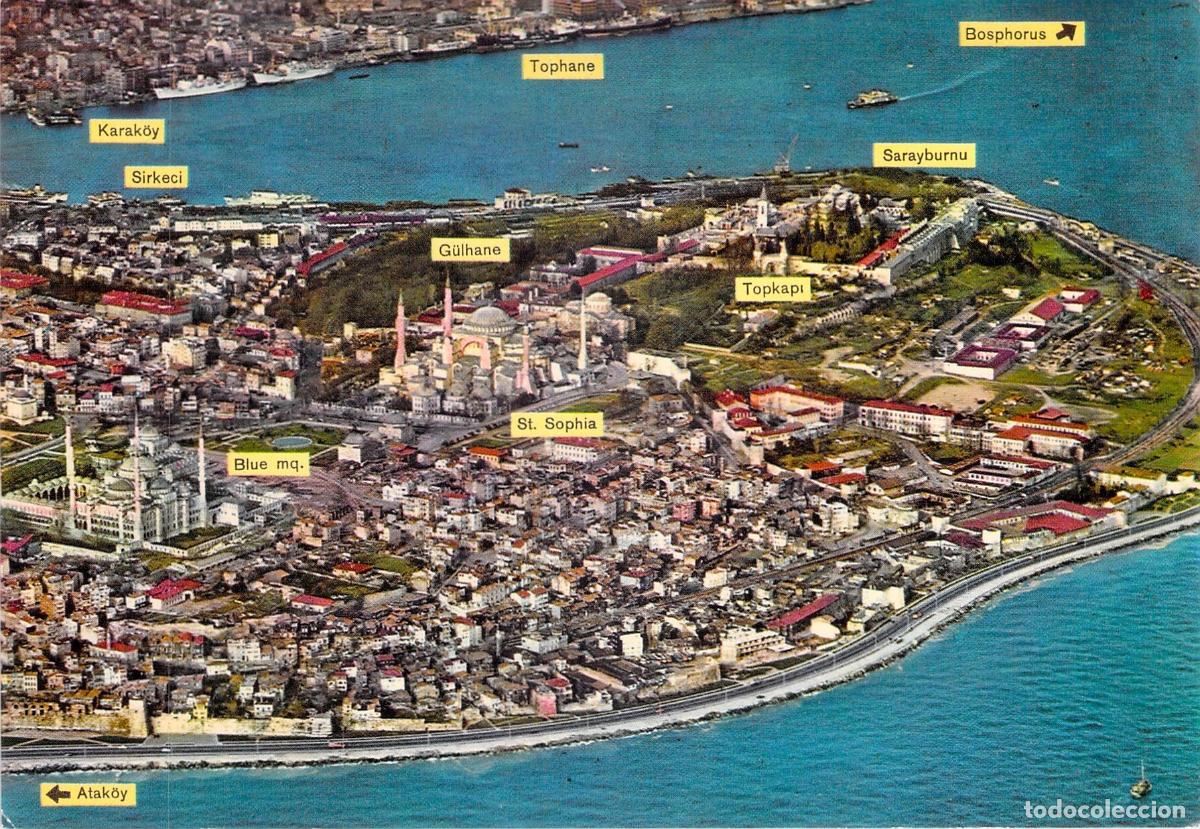 Postales: Postal de Estambul con vista a&eacute;rea de Santa Sof&iacute;a y Mezquita Azul