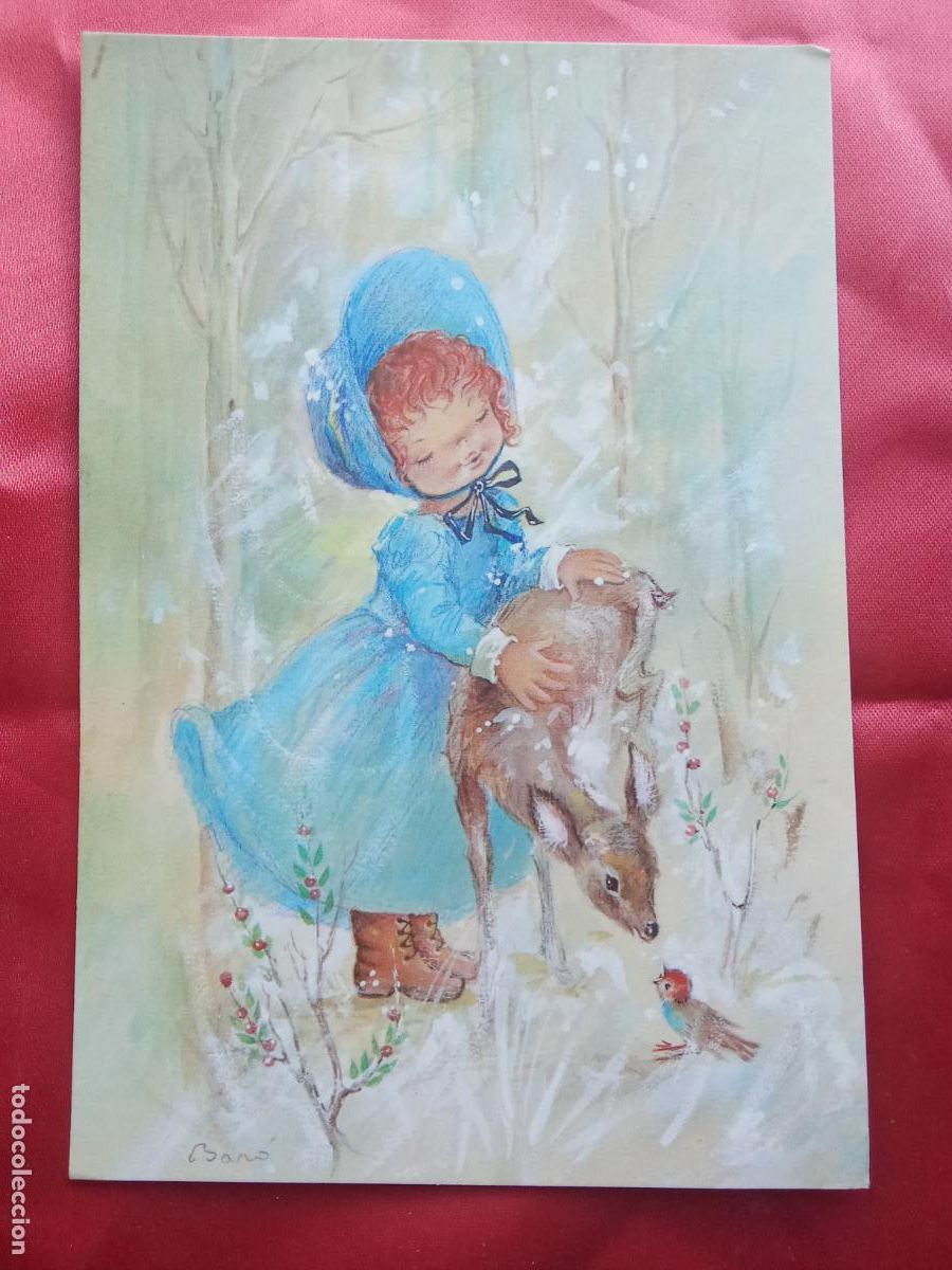 Postales: Postal ni&ntilde;a peque&ntilde;a acariciando a un cervatillo P.1944