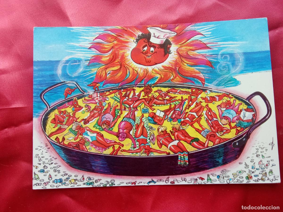 Postales: Postal de un sol con cara de cheff tostando gente en una paella P.1990