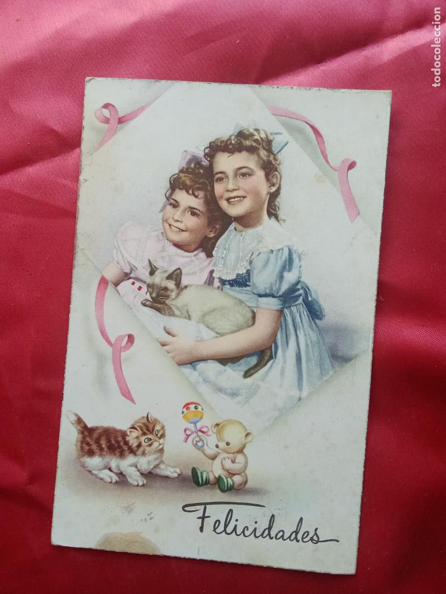 Postales: Postal de felicitaci&oacute;n con dos ni&ntilde;as y unos gatitos P.2027