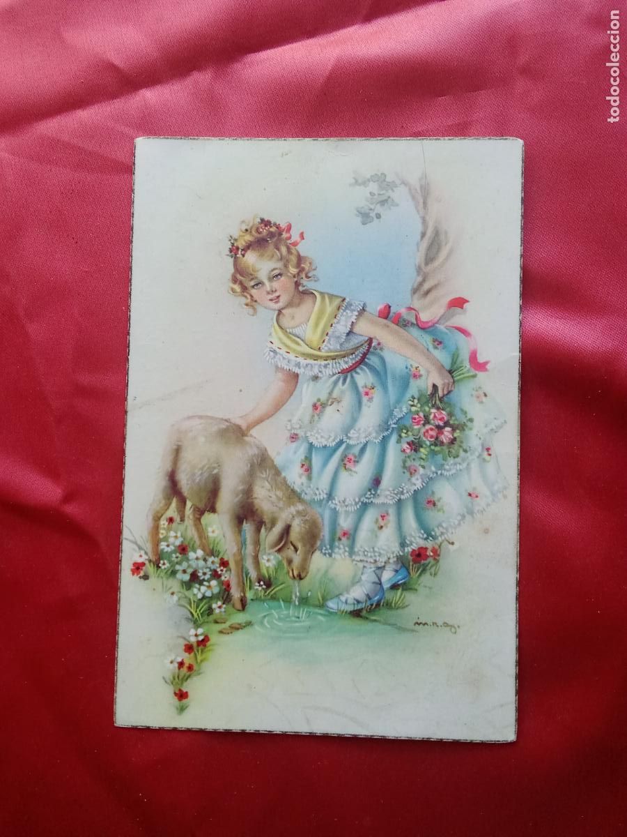 Postales: Postal de una ni&ntilde;a con vestido y un borreguito P.2029