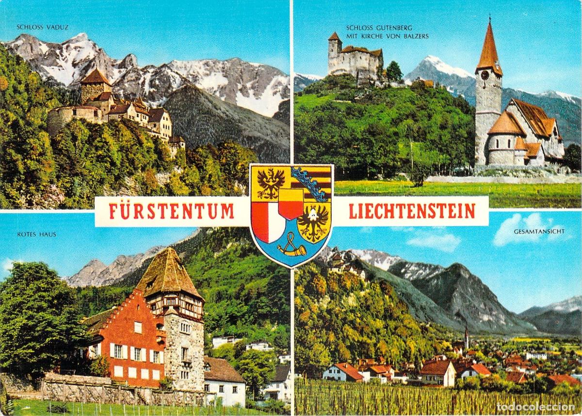 Postales: Postal de Liechtenstein con vistas de castillos y paisajes monta&ntilde;osos