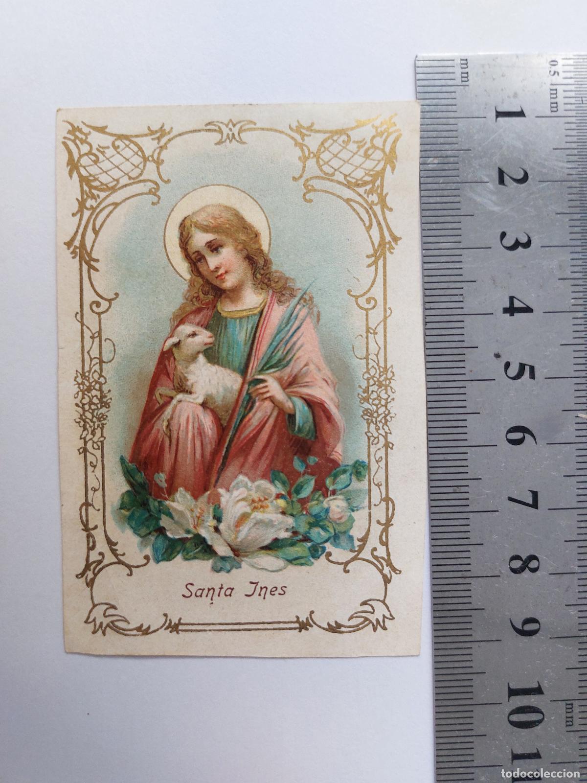 Postales: Estampa de Santa In&eacute;s con ilustraci&oacute;n cl&aacute;sica de estilo devocional