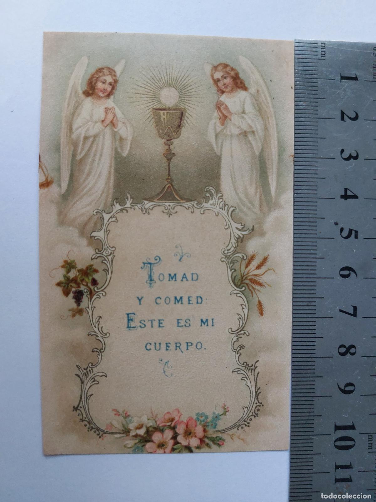 Postales: Estampa religiosa de Primera Comuni&oacute;n con &aacute;ngeles y c&aacute;liz