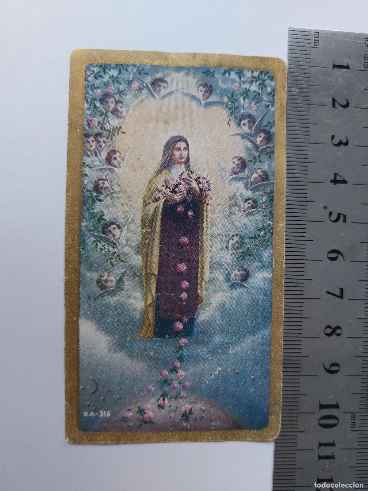Postales: Estampa religiosa de Santa Teresita del Ni&ntilde;o Jes&uacute;s con rosas y &aacute;ngeles