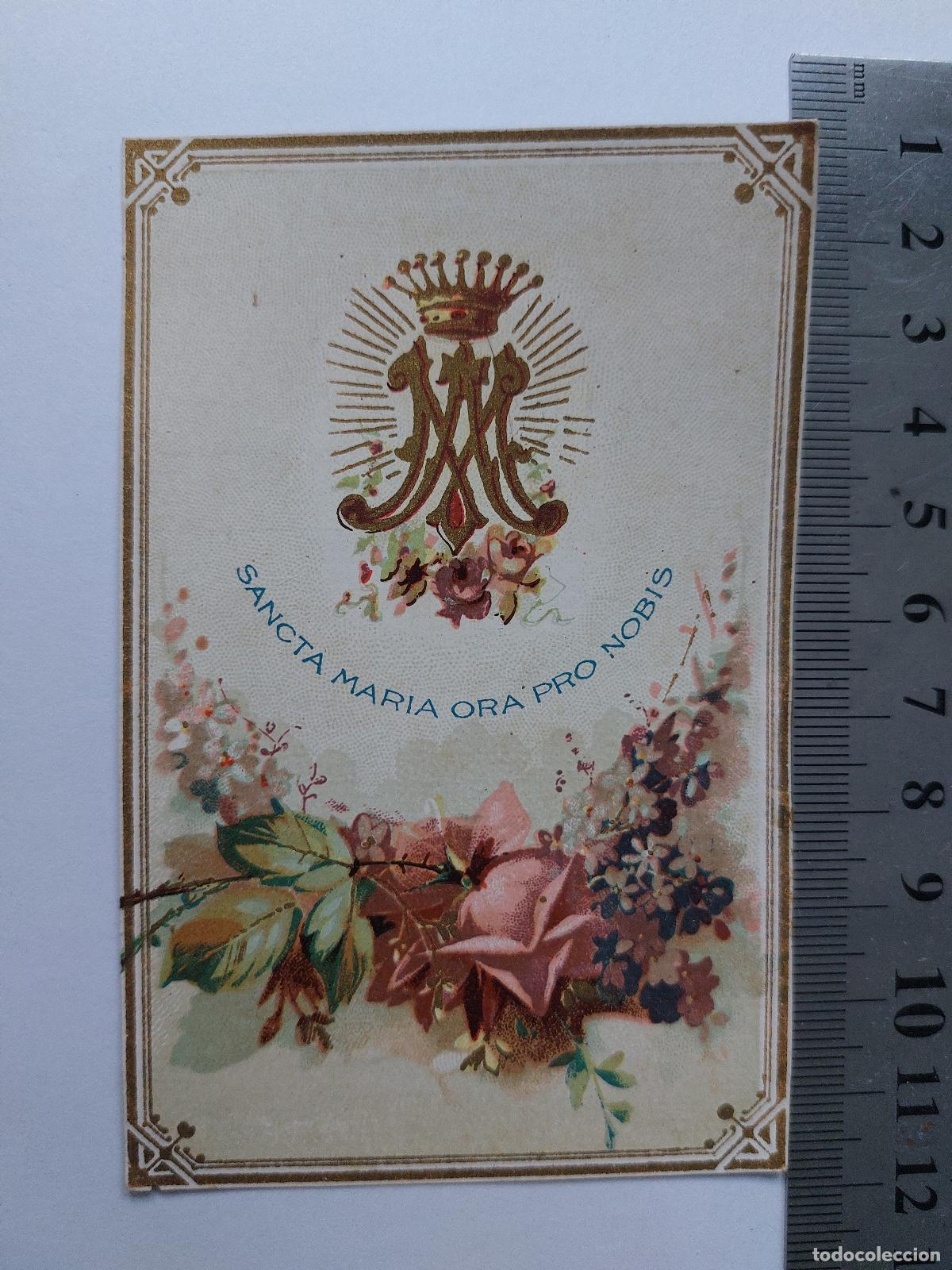Postales: Estampa religiosa con motivo floral y monograma de Mar&iacute;a
