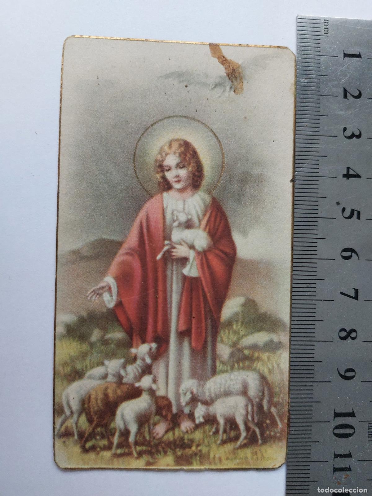 Postales: Estampa religiosa de Jes&uacute;s el Buen Pastor con corderos
